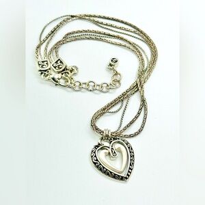 Brighton Double Heart Pendant Necklace Multistrand Chain Silver Tone